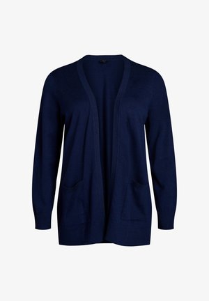 Granatowy sweter rozpinany wykonany z miękkiej dzianiny. Posiada długie rękawy, otwarty przód oraz dwie boczne kieszenie. Cienkie ściągacze na rękawach i u dołu.