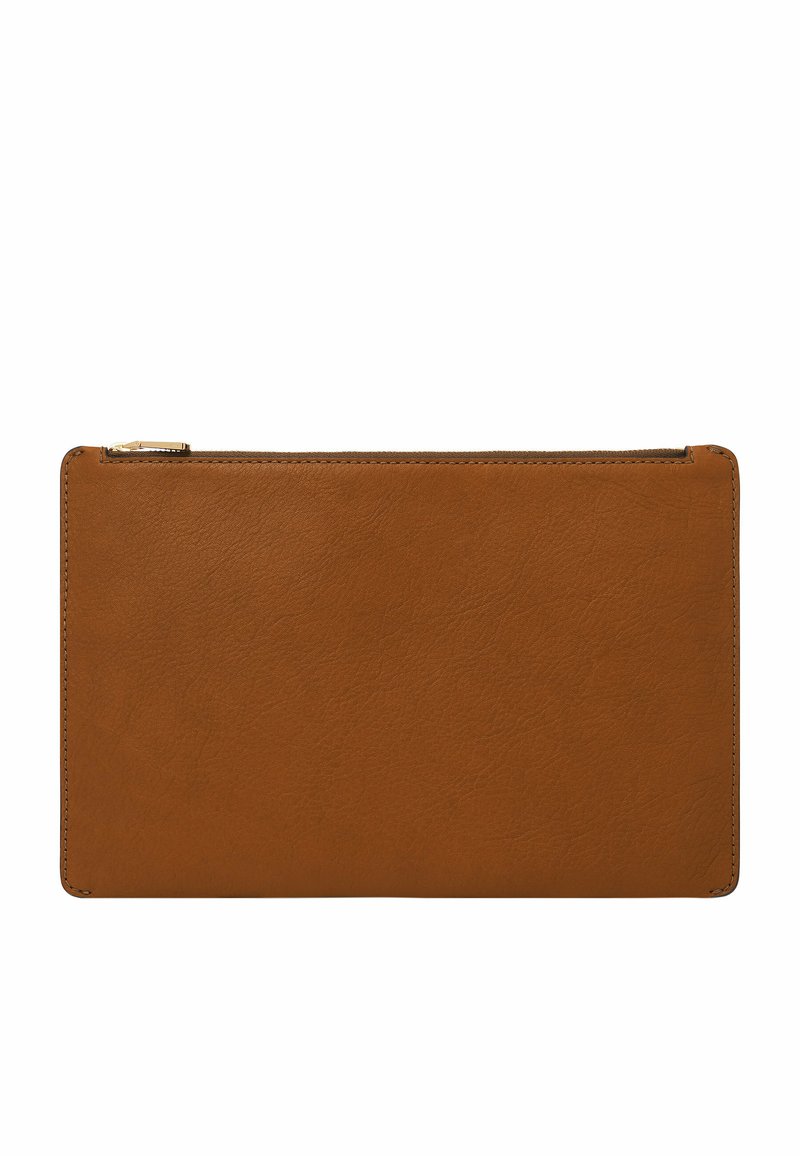 Braune Lederbörse, rechteckige Form, glatte Textur, Reißverschluss oben, saubere Kanten, keine sichtbaren Marken oder Muster.