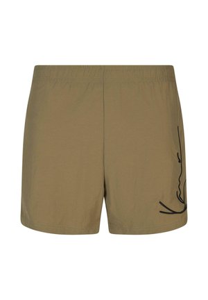 Khaki swim shorts with an elastic waistband, featuring a black abstract design on the left side and smooth fabric texture.