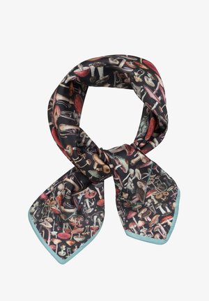 Šilko šalikas su juodu fonu, papuoštu spalvingais grybų piešiniais. Kraštai pabrėžti šviesiai mėlynu apvadu.