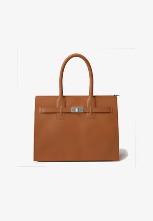 Brown pebbled leather tote bag with dual handles, silver hardware, and a zip closure. Rectangular shape with minimalistic design accents.