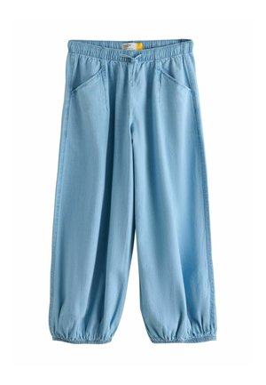 Pantaloni azzurri a vestibilità ampia con vita e polsini elastici, tasche anteriori e un piccolo laccio in vita.