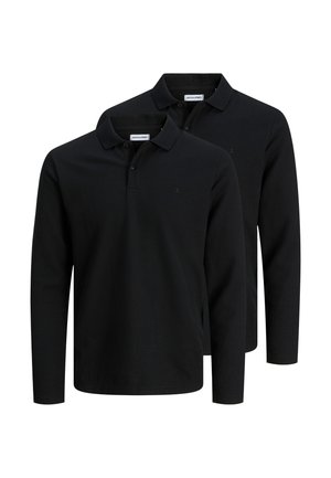 Zwei schwarze Langarm-Poloshirts mit Kragen und Knopfleiste, gekennzeichnet mit Jack & Jones, auf weißem Hintergrund dargestellt.