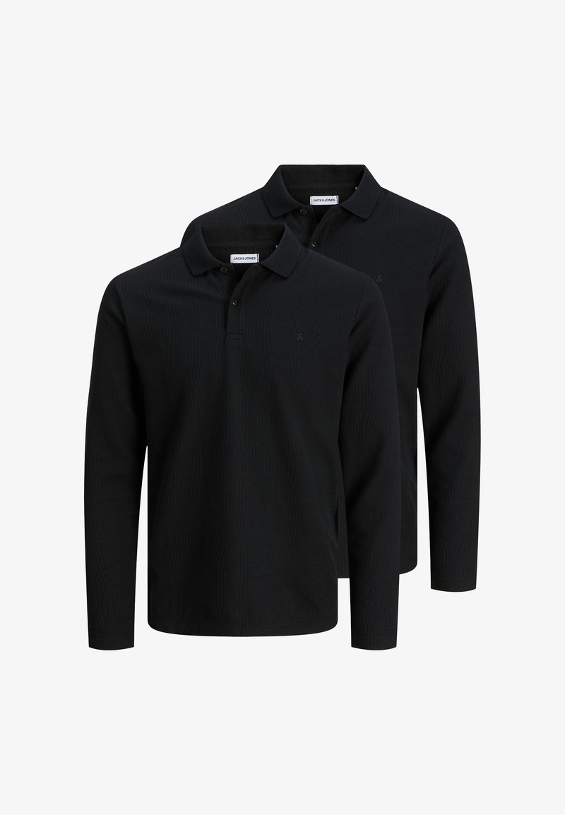 Deux polos noirs à manches longues avec col et patte de boutonnage, étiquetés Jack & Jones, présentés sur un fond blanc.