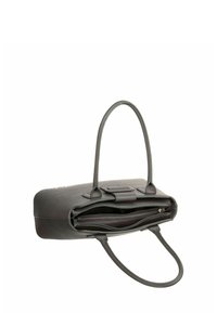 Sac à main en cuir gris doté de deux poignées, d'une fermeture éclair et de plusieurs compartiments pour l'organisation. Extérieur texturé avec une finition polie.