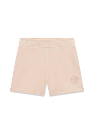 Shorts beige con vita elasticizzata, piccolo logo rotondo e scritta "GUESS" sulla parte inferiore della gamba destra, con orli risvoltati.