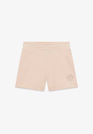 Beige Shorts mit elastischem Bund, kleinem rundem Logo und "GUESS"-Schriftzug am unteren rechten Bein, mit umgeschlagenen Saumabschlüssen.