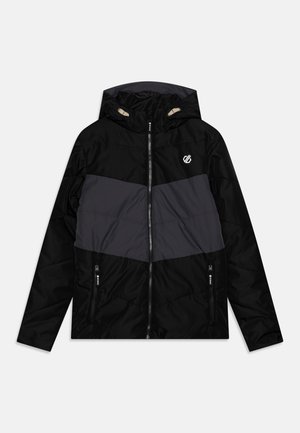 Veste à capuche noire et grise avec une fermeture éclair à l'avant, motif en chevrons et deux poches latérales. Présente un petit logo sur la poitrine. Texture lisse.