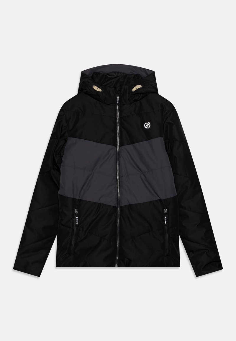 Veste à capuche noire et grise avec une fermeture éclair à l'avant, motif en chevrons et deux poches latérales. Présente un petit logo sur la poitrine. Texture lisse.