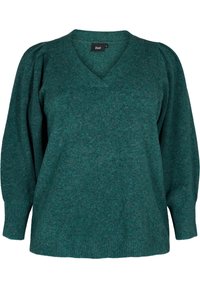 Zielony sweter z dekoltem w serek wykonany z dzianiny o fakturze, z długimi rękawami i subtelnymi bufkami na ramionach.