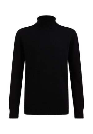 Czarny sweter z długim rękawem i golfem, z prążkowanym kołnierzem, mankietami i krawędzią, na białym tle.