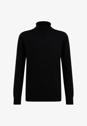 Maglione nero a collo alto con maniche lunghe, colletto, polsini e orlo a coste su sfondo bianco.