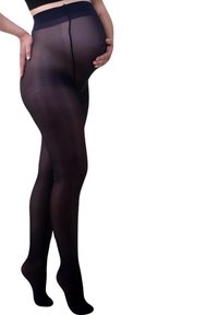Collant maternità neri con finitura liscia e trasparente, vita alta e design con piede, che offrono elasticità e comfort per diverse taglie.