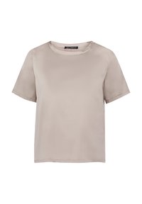 Korte mouwen beige blouse van gladde stof met een ronde halslijn en rechte snit. Heeft een subtiele glans en geen zichtbare versieringen.