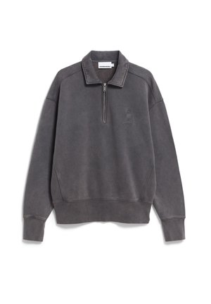 Grijze sweatshirt met een halve rits kraag, voorzien van een reliëf logo detail op de borst en ribgebreide manchetten en onderrand. Gemaakt van zachte stof.