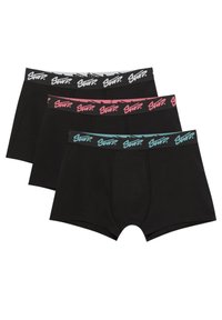 Czarne bokserki w opakowaniu po trzy sztuki. Posiadają kontrastowe paski w pasie w kolorach szarym, różowym i zielonym z stylizowanym logo. Wykonane z miękkiej bawełny.