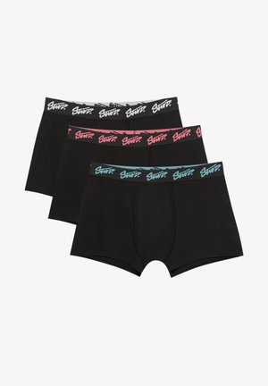 Crne bokserice u pakiranju od tri komada. Imaju kontrastne elastične pojaseve u sivoj, ružičastoj i tirkiznoj boji sa stiliziranim logotipom. Mekani pamučni materijal.