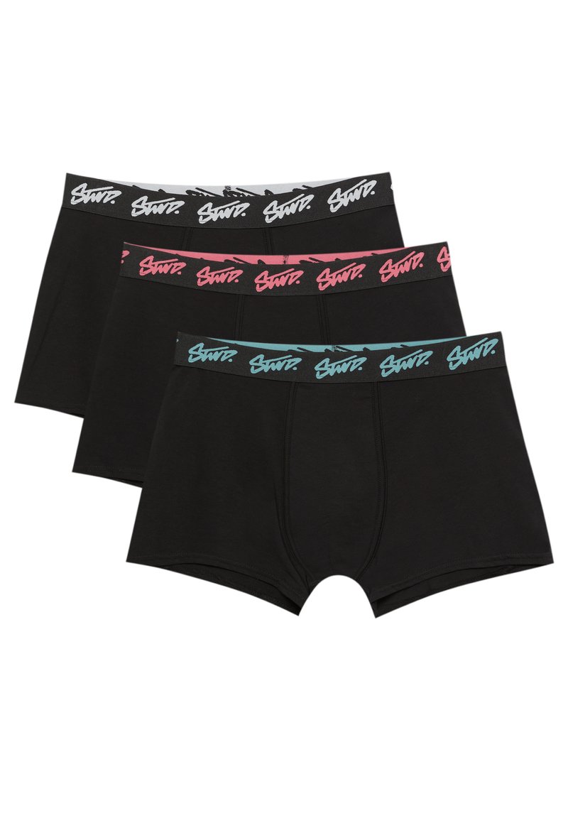 Czarne bokserki w opakowaniu po trzy sztuki. Posiadają kontrastowe paski w pasie w kolorach szarym, różowym i zielonym z stylizowanym logo. Wykonane z miękkiej bawełny.