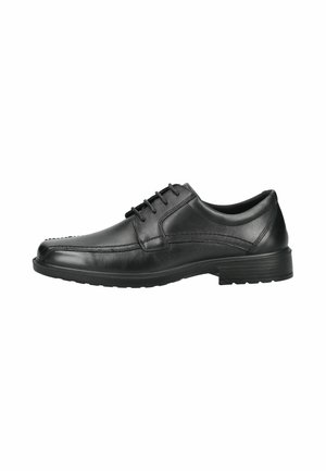 Schwarzer Herrendressschuh aus Leder mit Schnürung, niedrigem Absatz und rundem Zehenbereich, seitlich auf weißem Hintergrund dargestellt.