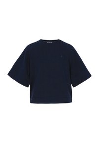 Top a maniche corte blu navy con vestibilità rilassata, colletto a coste e maniche raglan ampie. Presenta un discreto logo dell'ancora sul petto.