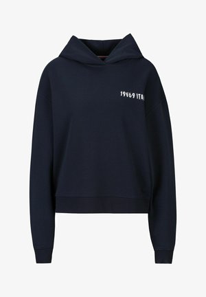 Marineblauwe cropped hoodie van zachte stof met een grote capuchon en een kleine witte opdruk "1969 ITAL". Lange mouwen met aansluitende manchetten.