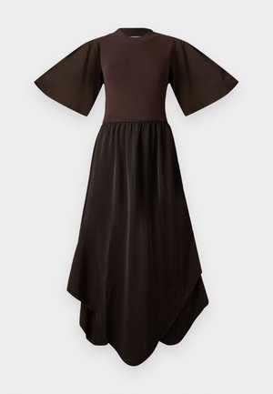 Brown dress featuring a fitted knit bodice and flared short sleeves, transitioning to a flowing, asymmetric satin skirt. Smooth texture throughout.