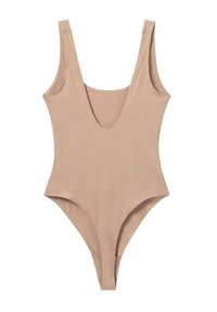 Nude badpak met een diepe V-hals en smalle schouderbanden. De stof lijkt glad en rekbaar met een hoog uitgesneden beenontwerp.