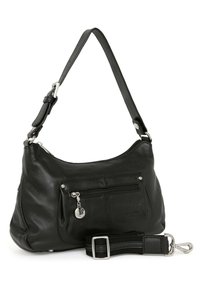 Borsa a spalla in pelle nera con design curvo, tasca frontale con zip, dettagli in metallo argentato e tracolla regolabile.
