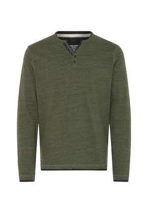 Long-sleeve, olive green henley shirt made of soft fabric, featuring a round neck and three button placket, with subtle textured pattern.