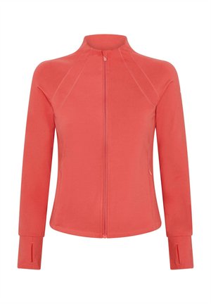 Korall zip-up jakke med høy krage, lange ermer og tommelhull. Har en jevn tekstur og en tettsittende design, egnet for aktiv bekledning.