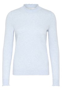 Light blue long-sleeve sweater with a ribbed texture, high ruffled neck, and ruffled cuffs. Fitted design, soft fabric.