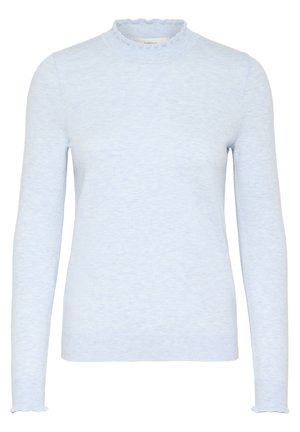 Maglione a maniche lunghe azzurro chiaro con texture a coste, colletto alto arruffato e polsini arruffati. Design aderente, tessuto morbido.