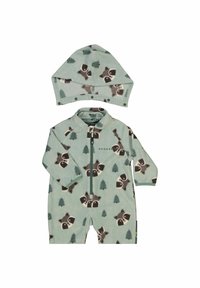 Lyseblå baby heldragt med vaskebjørn- og træmønstre, med lynlås lukning og matchende hat med trykknapper. Blødt fleece materiale.