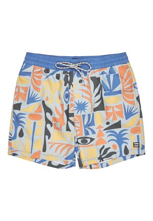 Herren Schwimmshorts mit einem hellblauen Grundton, versehen mit bunten abstrakten Mustern in Orange, Gelb, Schwarz und Blau; elastischer Bund mit Kordelzug.