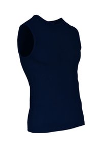 Mouwloze, donker marineblauwe, aansluitende sportshirt met een ronde halslijn, getoond tegen een witte achtergrond.