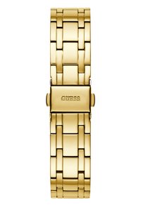 Gold metal watch with a rectangular link bracelet design. Features a polished finish and a clasp with "GUESS" engraved.