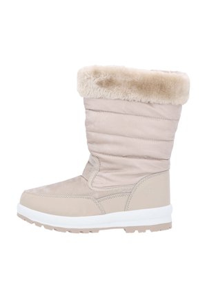 Bottes imperméables beiges avec un revers en fausse fourrure moelleux, un tige rembourrée, un extérieur lisse et une semelle en caoutchouc blanc avec une grip texturée.