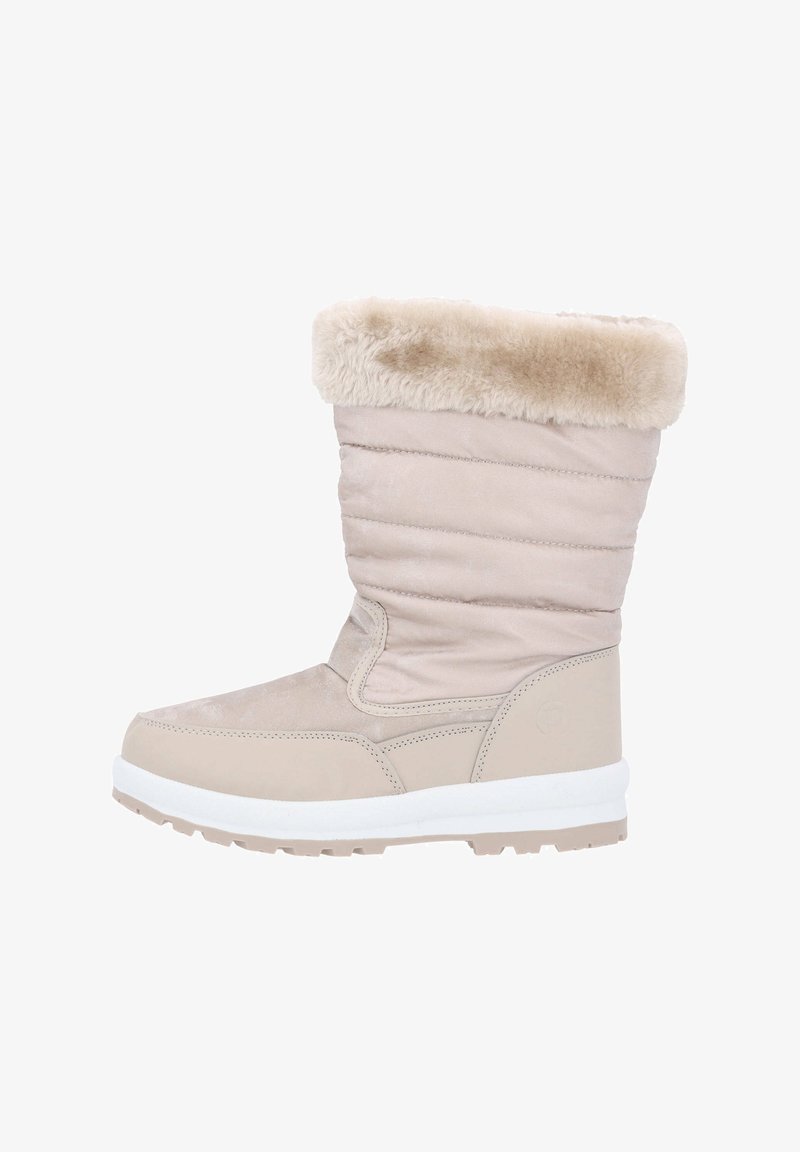 Botas impermeables beige con un puño de felpa de piel sintética, caña acolchada, exterior suave y suela de goma blanca con agarre texturizado.