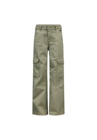 Cargo-Hosen aus khakifarbenem Baumwollstoff, mit zwei Seitentaschen, weitem Bein und Knopfverschluss an der Taille.
