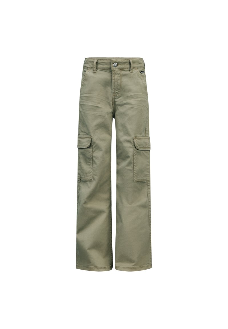 Cargo-Hosen aus khakifarbenem Baumwollstoff, mit zwei Seitentaschen, weitem Bein und Knopfverschluss an der Taille.