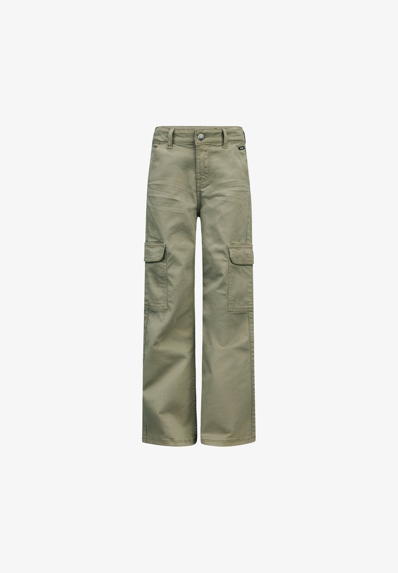 Cargo broek van khaki katoen, met twee zijzakken, brede pijpen en een knoopsluiting in de taille.