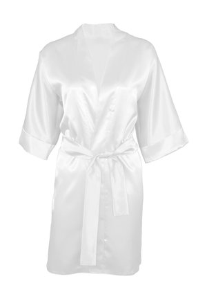 Accappatoio bianco in satin con maniche corte, chiusura a lacci in vita e una texture liscia e lucida. Design classico con collo a V.