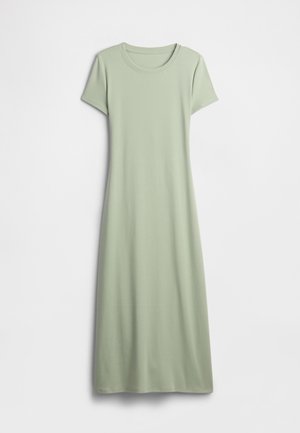 Φόρεμα με κοντά μανίκια σε ανοιχτό πράσινο χρώμα, κατασκευασμένο από μαλακό ύφασμα. Διαθέτει στρογγυλή λαιμόκοψη και μακρύ, ρέον σχέδιο χωρίς διακοσμητικά.