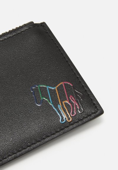 Black leather wallet with textured surface, featuring a multicolored line art design of a horse. Visible stitched edges for added detail.