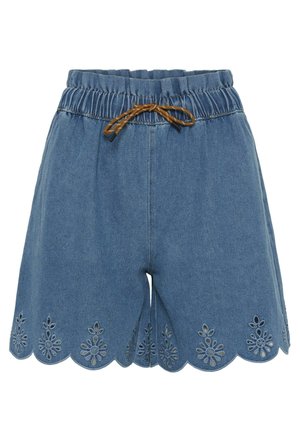 Denim shorts met een elastische tailleband, bruine trekkoord, gegolfde zoom en bloemvormige geborduurde uitsnijdingen langs de randen.