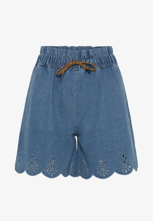 Denim shorts met een elastische tailleband, bruine trekkoord, gegolfde zoom en bloemvormige geborduurde uitsnijdingen langs de randen.
