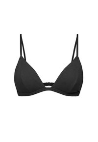 Reggiseno triangolare nero con spalline regolabili, realizzato in tessuto morbido. Presenta un design semplice e chiusura con gancio sul retro.