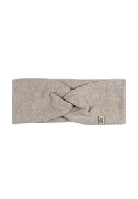 Knit headband in a light beige color with a twisted design at the front and a small branded tag on the side. Smooth texture.