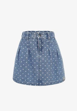 Spijkerrokje in lichtblauw met witte hartjespatronen, plissé ontwerp, voorzien van een knoopsluiting aan de voorkant en riemlussen.