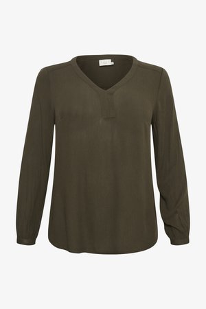 Long-sleeve, olive green blouse made of smooth fabric, featuring a V-neckline and subtle texture, with gathered sleeves and a relaxed fit.